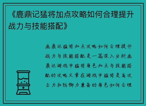《鹿鼎记猛将加点攻略如何合理提升战力与技能搭配》