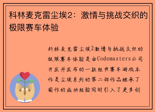 科林麦克雷尘埃2：激情与挑战交织的极限赛车体验