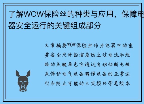 了解WOW保险丝的种类与应用，保障电器安全运行的关键组成部分